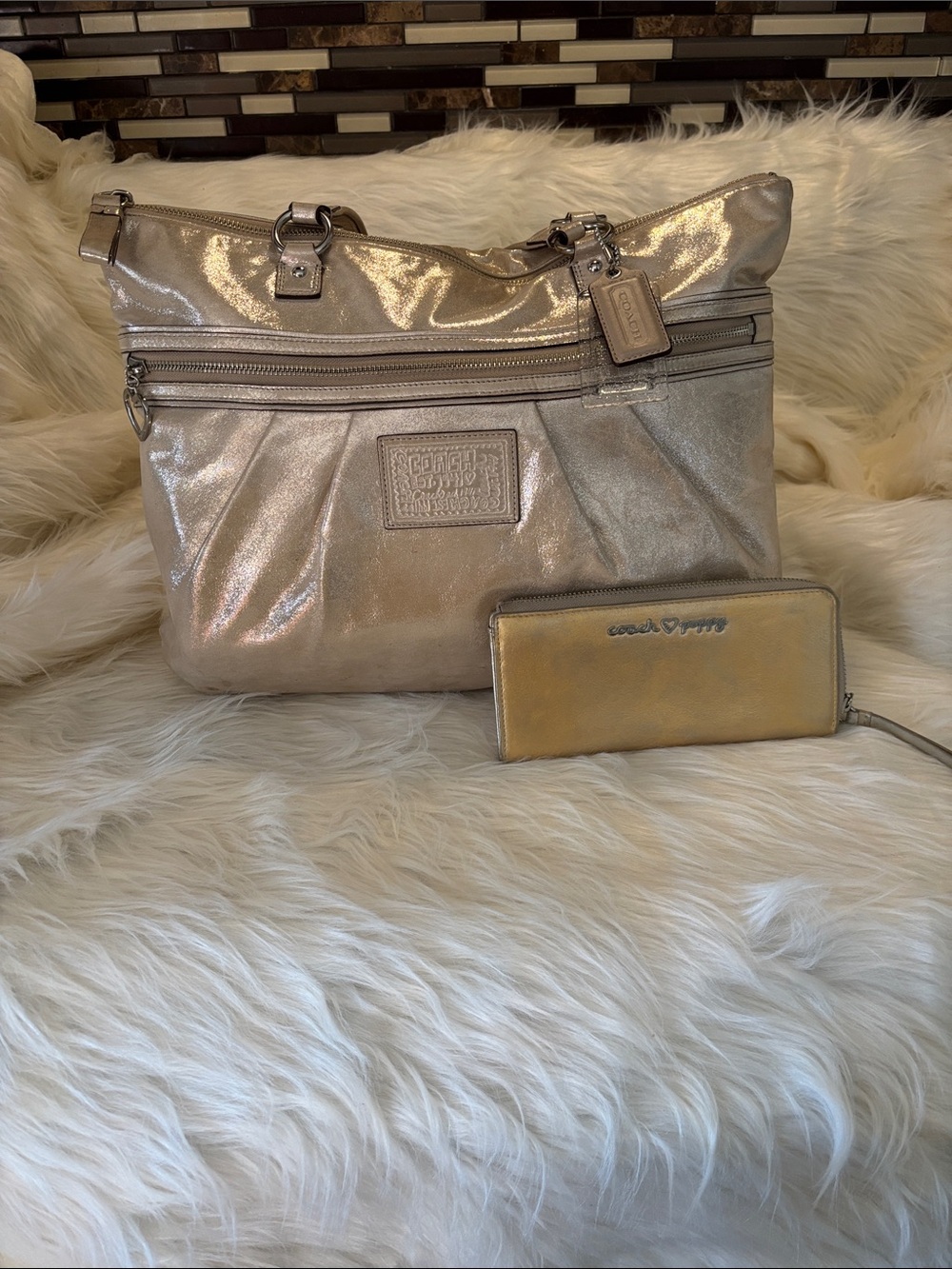 Coach Metallic Champagne Shoulder Bag with Matching Wallet